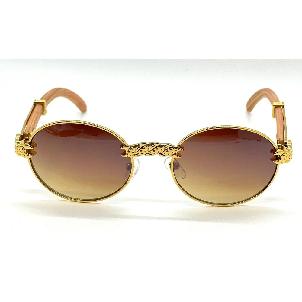 Retro Vintage Style Horn‎ Rim  Brown Lens Gold Round Fashion Driving Sunglasses
